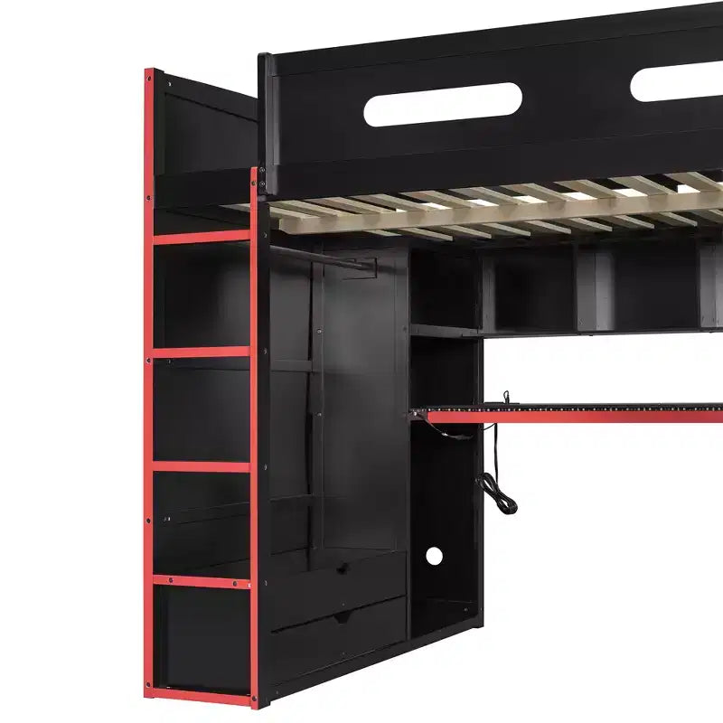 Lit mezzanine de jeu en bois pleine taille avec bureau et armoire, port USB et lumière LED pour chambre d'enfants, d'adolescents et d'adultes