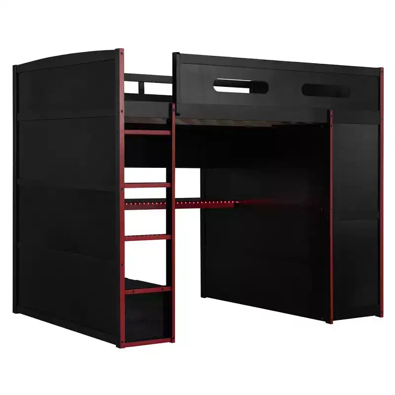 Lit mezzanine de jeu en bois pleine taille avec bureau et armoire, port USB et lumière LED pour chambre d'enfants, d'adolescents et d'adultes