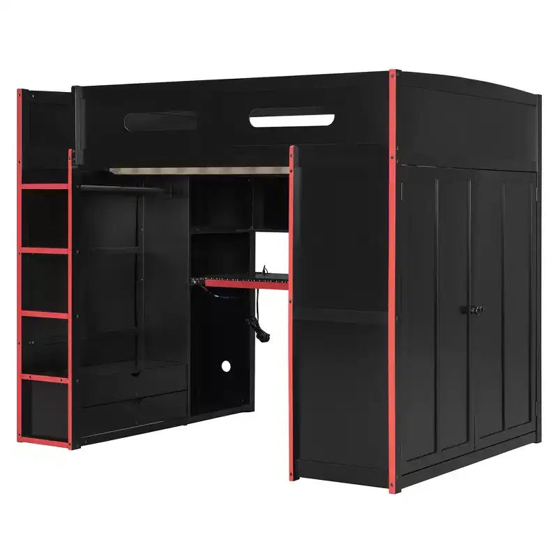 Lit mezzanine de jeu en bois pleine taille avec bureau et armoire, port USB et lumière LED pour chambre d'enfants, d'adolescents et d'adultes