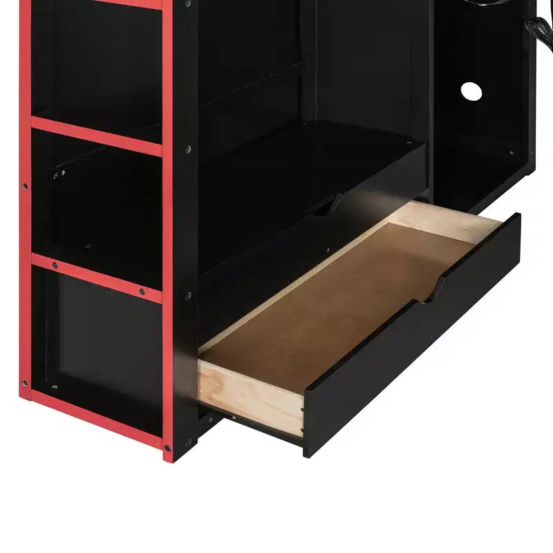 Lit mezzanine de jeu en bois pleine taille avec bureau et armoire, port USB et lumière LED pour chambre d'enfants, d'adolescents et d'adultes
