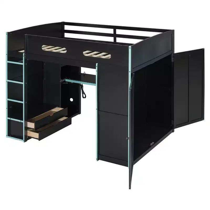 Lit mezzanine de jeu en bois pleine taille avec bureau et armoire, port USB et lumière LED pour chambre d'enfants, d'adolescents et d'adultes