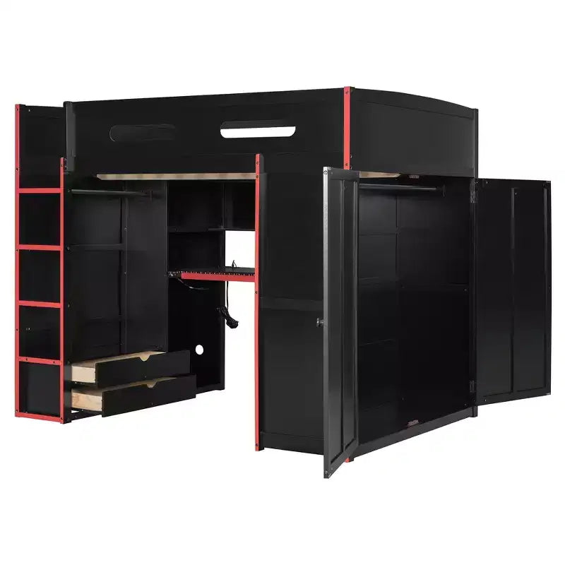 Lit mezzanine de jeu en bois pleine taille avec bureau et armoire, port USB et lumière LED pour chambre d'enfants, d'adolescents et d'adultes
