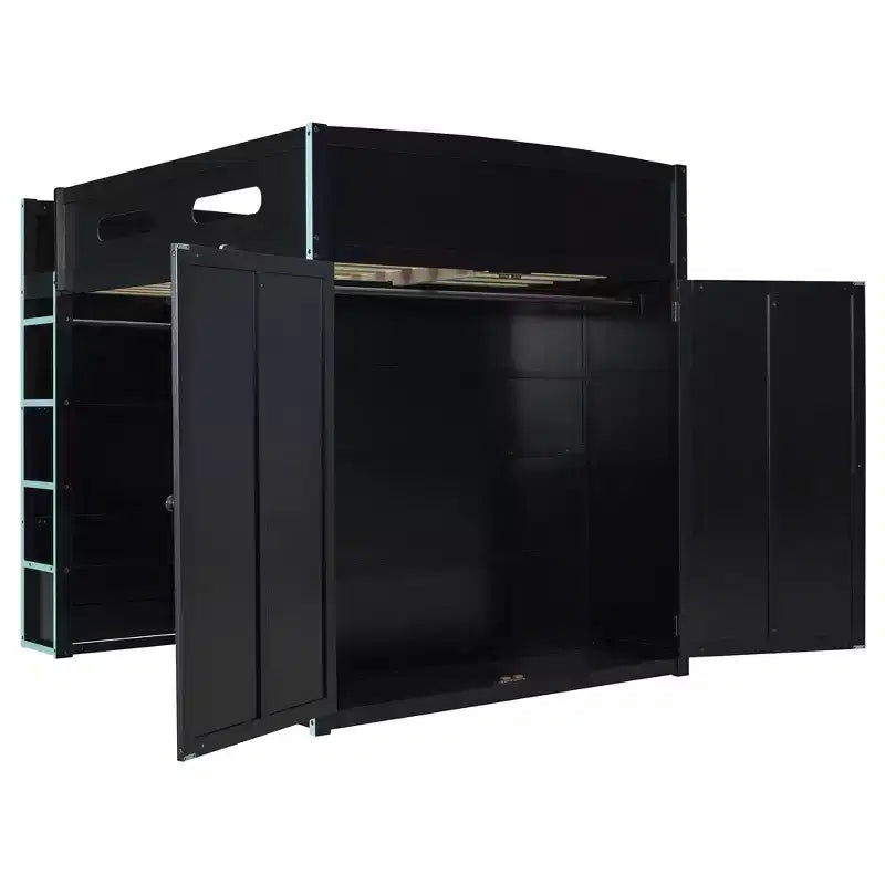 Lit mezzanine de jeu en bois pleine taille avec bureau et armoire, port USB et lumière LED pour chambre d'enfants, d'adolescents et d'adultes