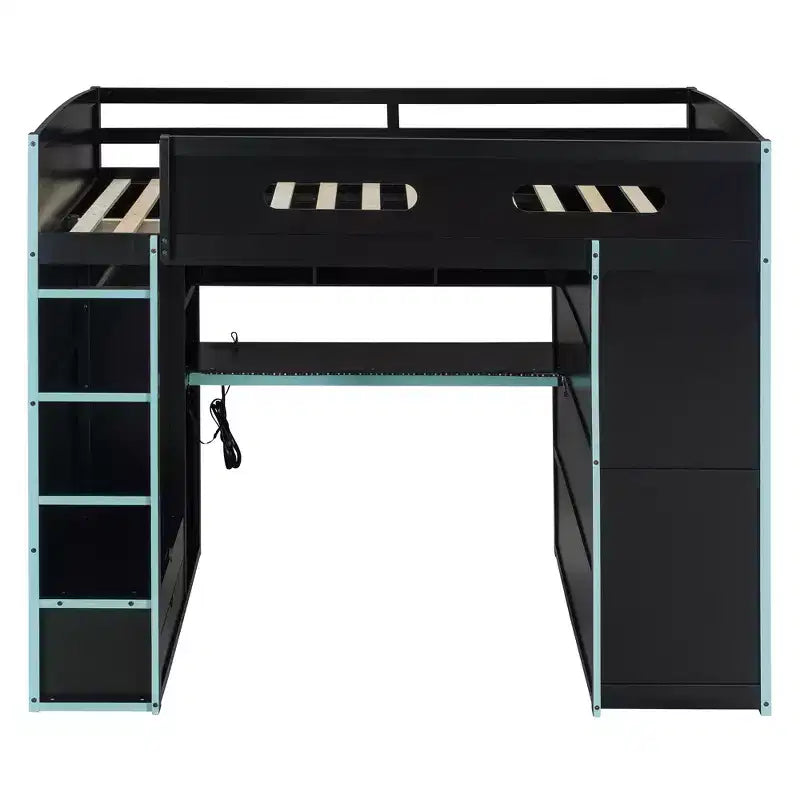 Lit mezzanine de jeu en bois pleine taille avec bureau et armoire, port USB et lumière LED pour chambre d'enfants, d'adolescents et d'adultes