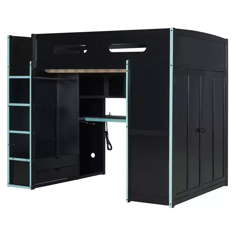 Lit mezzanine de jeu en bois pleine taille avec bureau et armoire, port USB et lumière LED pour chambre d'enfants, d'adolescents et d'adultes