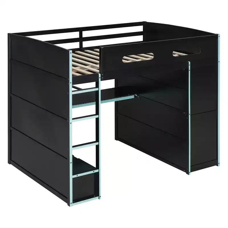 Lit mezzanine de jeu en bois pleine taille avec bureau et armoire, port USB et lumière LED pour chambre d'enfants, d'adolescents et d'adultes