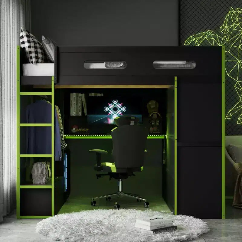 Lit mezzanine de jeu en bois pleine taille avec bureau et armoire, port USB et lumière LED pour chambre d'enfants, d'adolescents et d'adultes