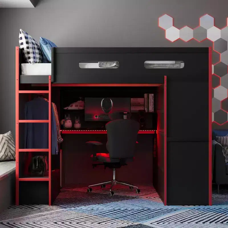 Lit mezzanine de jeu en bois pleine taille avec bureau et armoire, port USB et lumière LED pour chambre d'enfants, d'adolescents et d'adultes