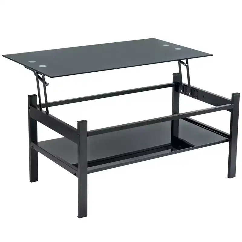 Table basse élévatrice en verre avec 2 plateaux en verre trempé et structure en métal, table de salon moderne