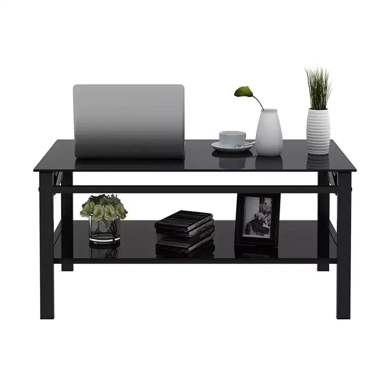 Table basse élévatrice en verre avec 2 plateaux en verre trempé et structure en métal, table de salon moderne