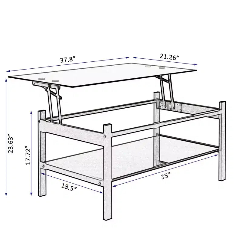 Table basse élévatrice en verre avec 2 plateaux en verre trempé et structure en métal, table de salon moderne