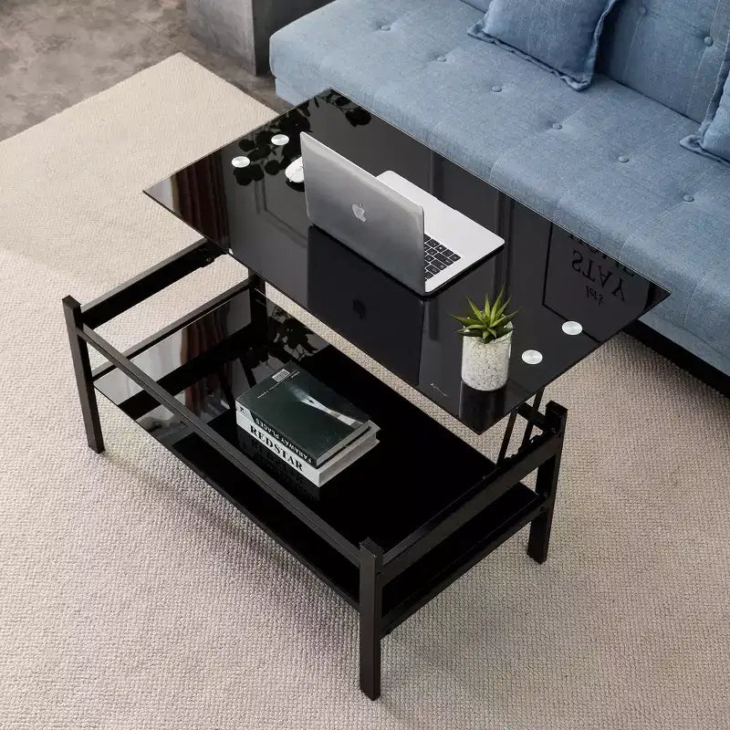 Table basse élévatrice en verre avec 2 plateaux en verre trempé et structure en métal, table de salon moderne