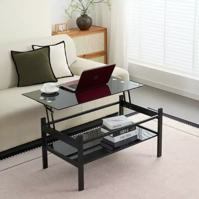 Table basse élévatrice en verre avec 2 plateaux en verre trempé et structure en métal, table de salon moderne