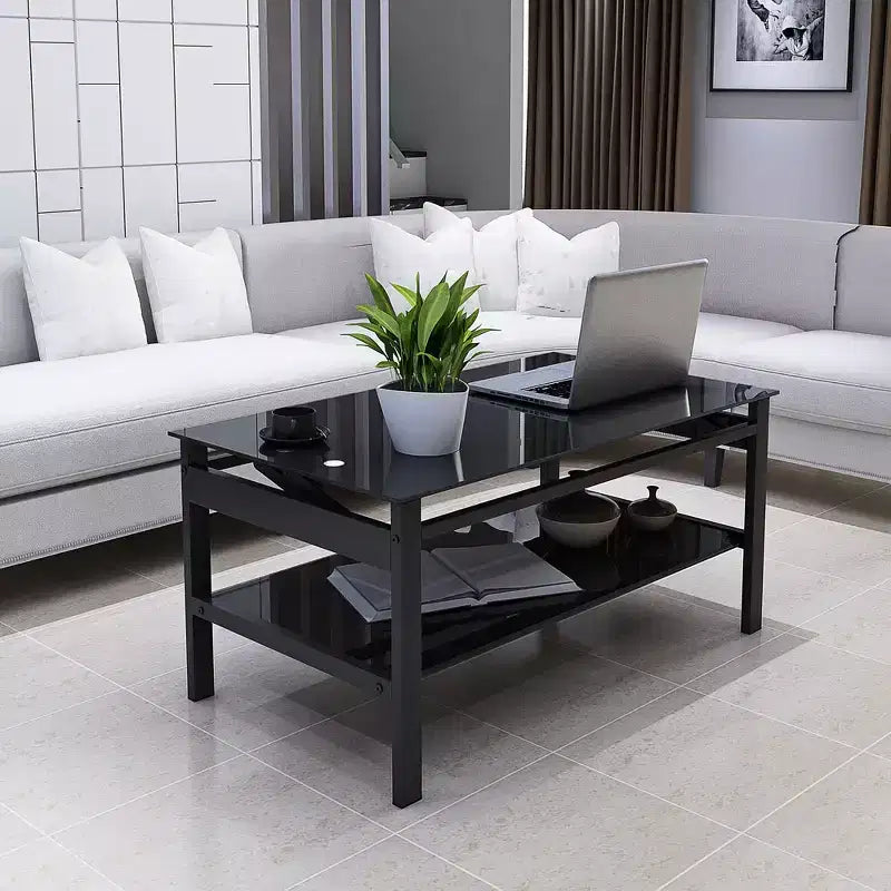 Table basse élévatrice en verre avec 2 plateaux en verre trempé et structure en métal, table de salon moderne