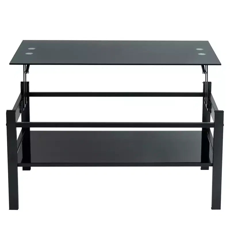 Table basse élévatrice en verre avec 2 plateaux en verre trempé et structure en métal, table de salon moderne