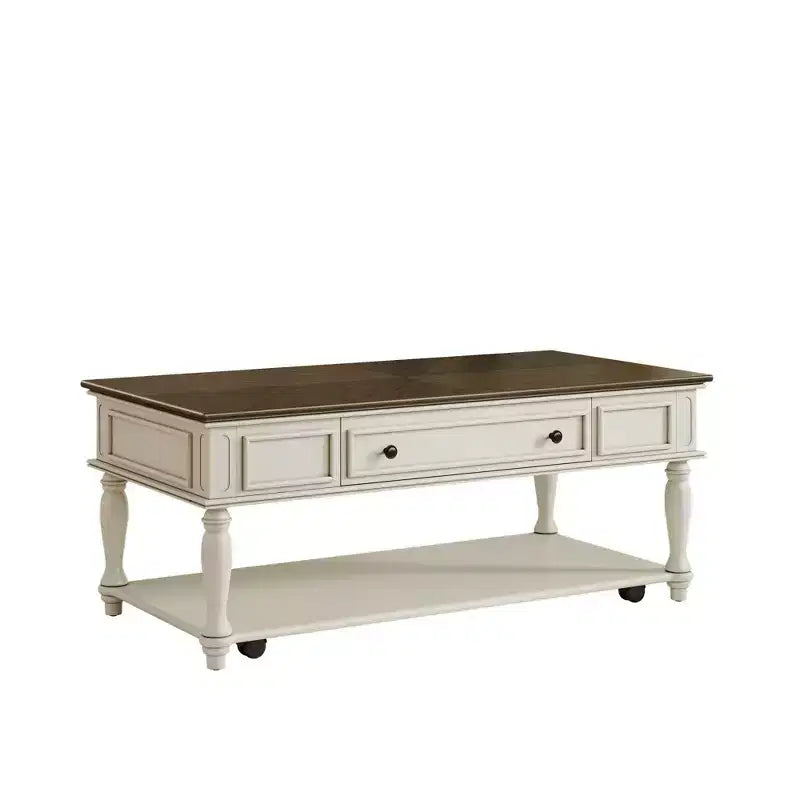 Table basse de style campagnard avec un tiroir, roulettes verrouillables et pieds en bois massif pour salon, gris+blanc