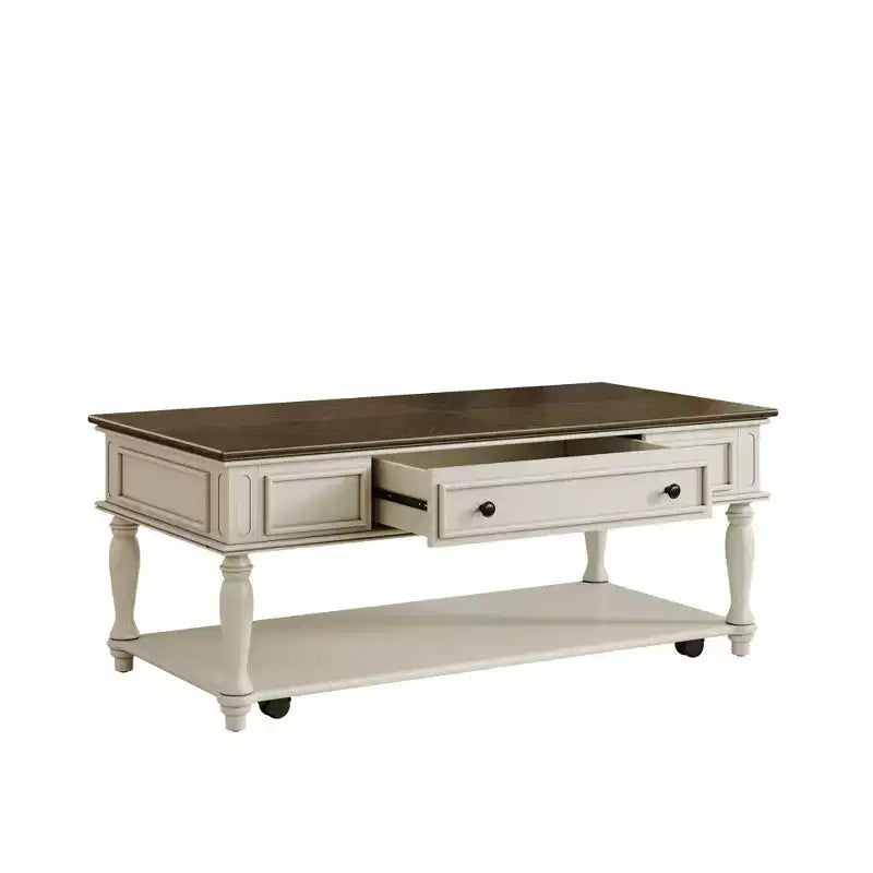 Table basse de style campagnard avec un tiroir, roulettes verrouillables et pieds en bois massif pour salon, gris+blanc