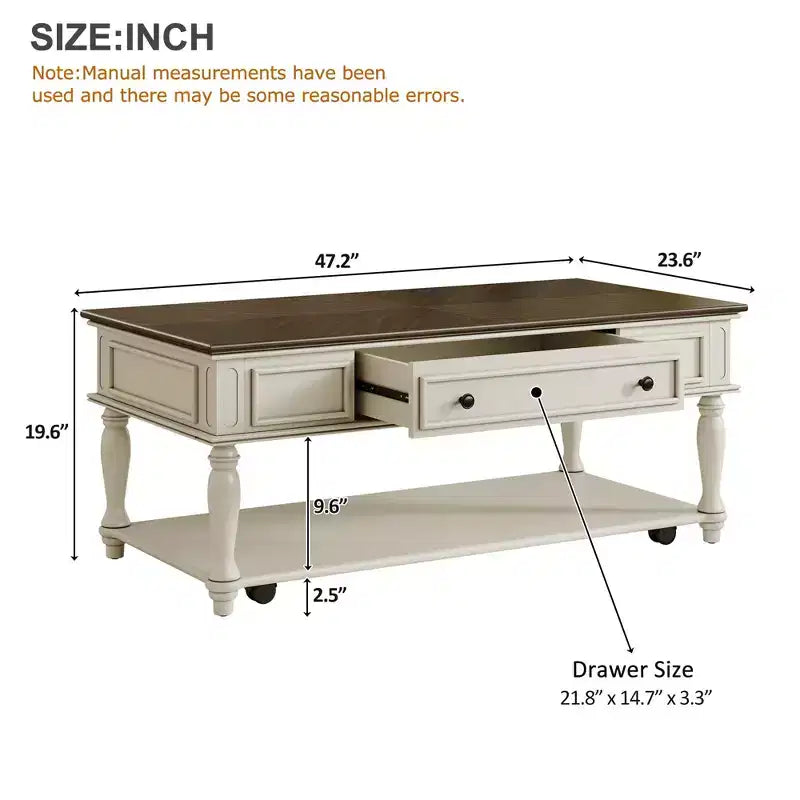 Table basse de style campagnard avec un tiroir, roulettes verrouillables et pieds en bois massif pour salon, gris+blanc