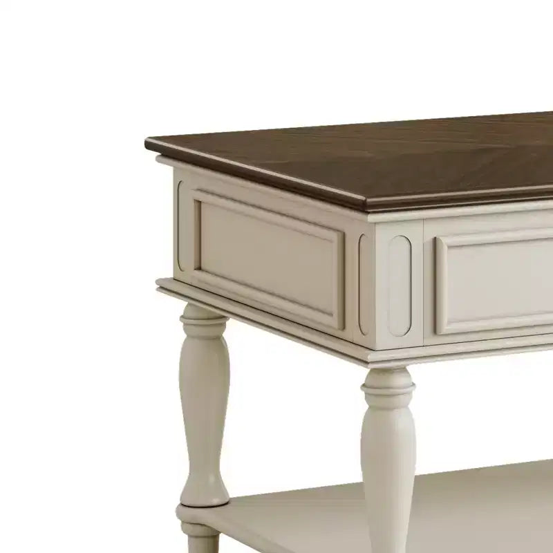 Table basse de style campagnard avec un tiroir, roulettes verrouillables et pieds en bois massif pour salon, gris+blanc