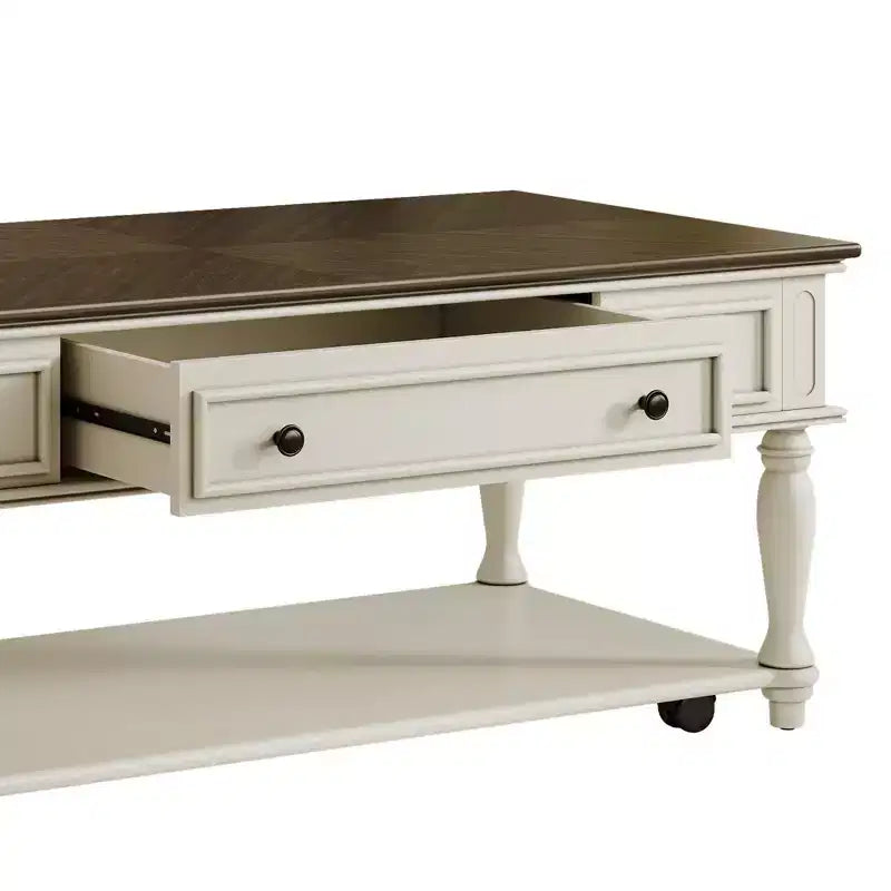 Table basse de style campagnard avec un tiroir, roulettes verrouillables et pieds en bois massif pour salon, gris+blanc