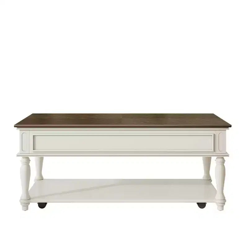 Table basse de style campagnard avec un tiroir, roulettes verrouillables et pieds en bois massif pour salon, gris+blanc