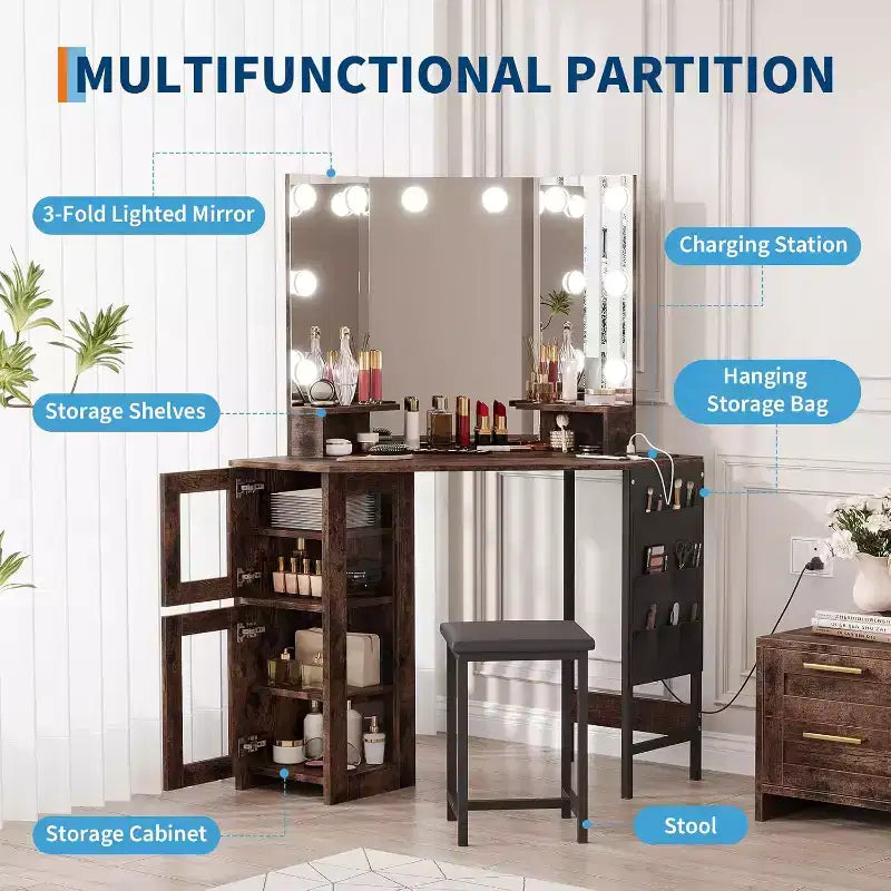 Coiffeuse d'angle et tabouret, Coiffeuse d'angle avec miroir ampoules, station de charge et armoire pour chambre à coucher