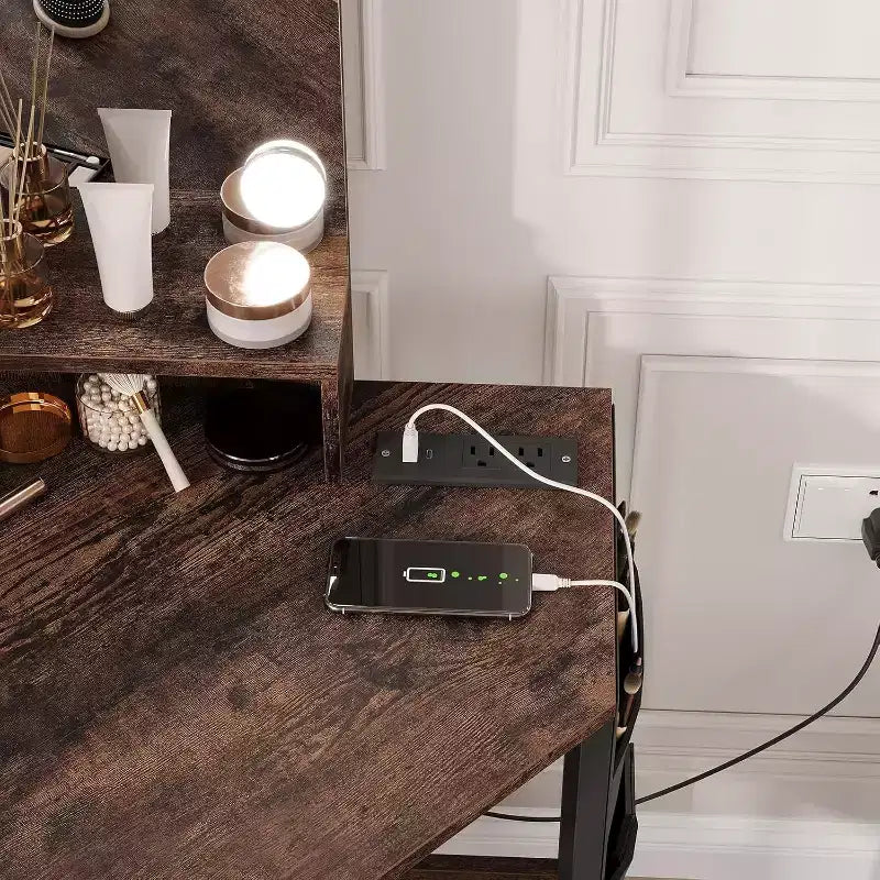 Coiffeuse d'angle et tabouret, Coiffeuse d'angle avec miroir ampoules, station de charge et armoire pour chambre à coucher