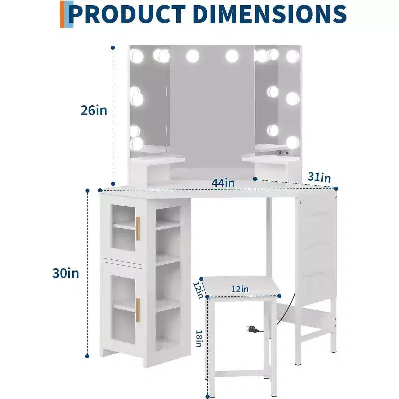 Coiffeuse d'angle et tabouret, Coiffeuse d'angle avec miroir ampoules, station de charge et armoire pour chambre à coucher