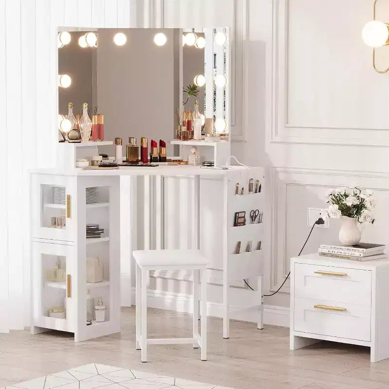 Coiffeuse d'angle et tabouret, Coiffeuse d'angle avec miroir ampoules, station de charge et armoire pour chambre à coucher