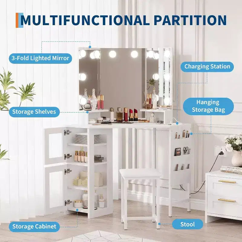 Coiffeuse d'angle et tabouret, Coiffeuse d'angle avec miroir ampoules, station de charge et armoire pour chambre à coucher