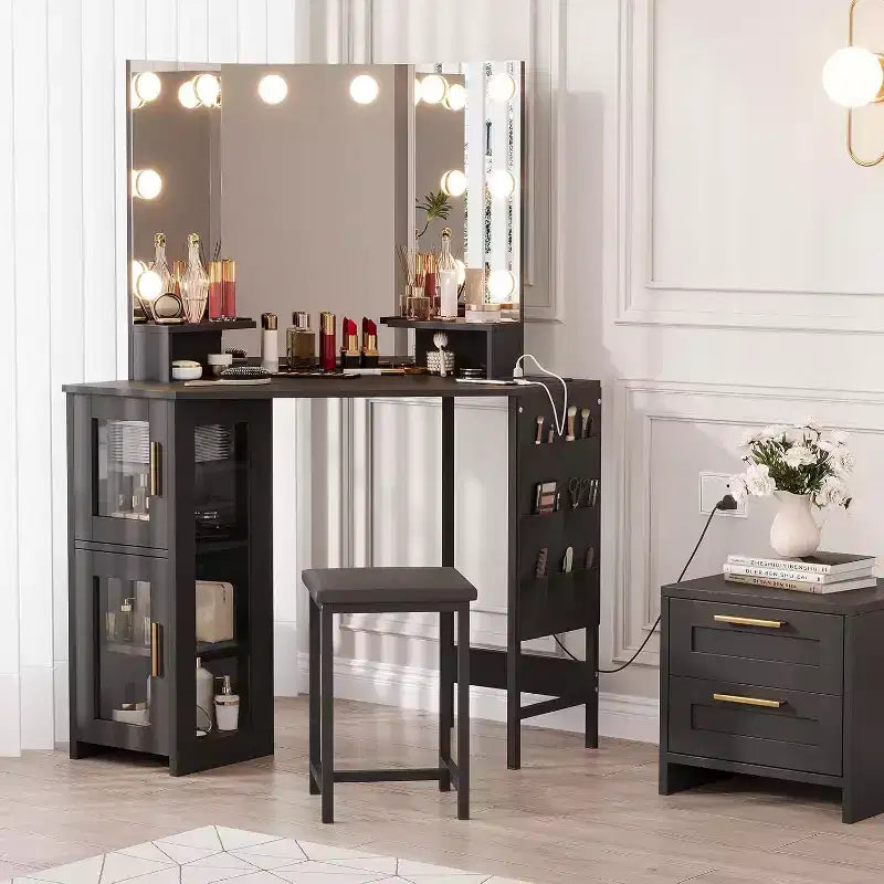 Coiffeuse d'angle et tabouret, Coiffeuse d'angle avec miroir ampoules, station de charge et armoire pour chambre à coucher