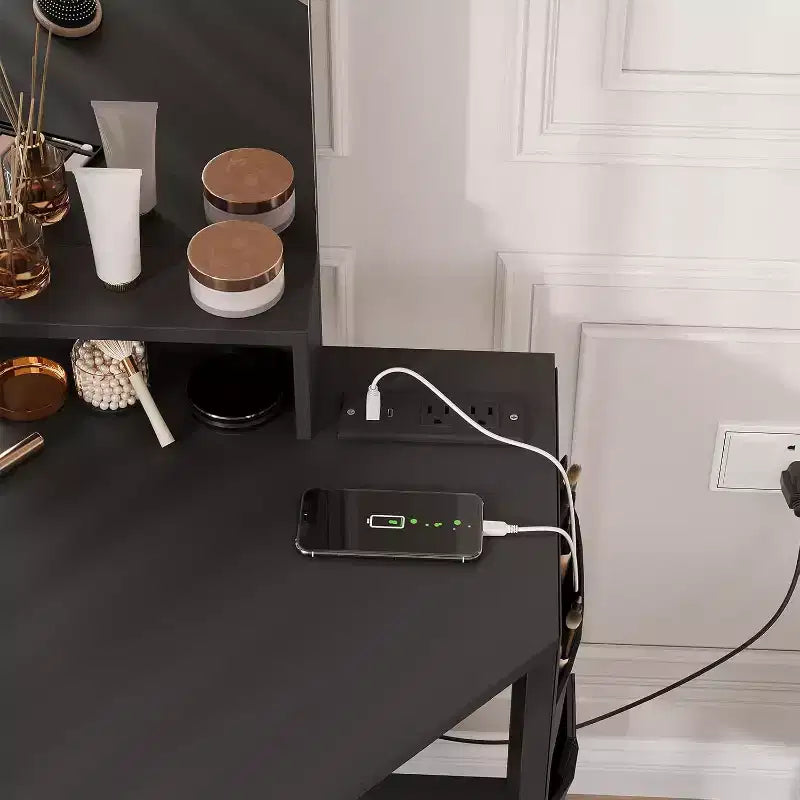 Coiffeuse d'angle et tabouret, Coiffeuse d'angle avec miroir ampoules, station de charge et armoire pour chambre à coucher