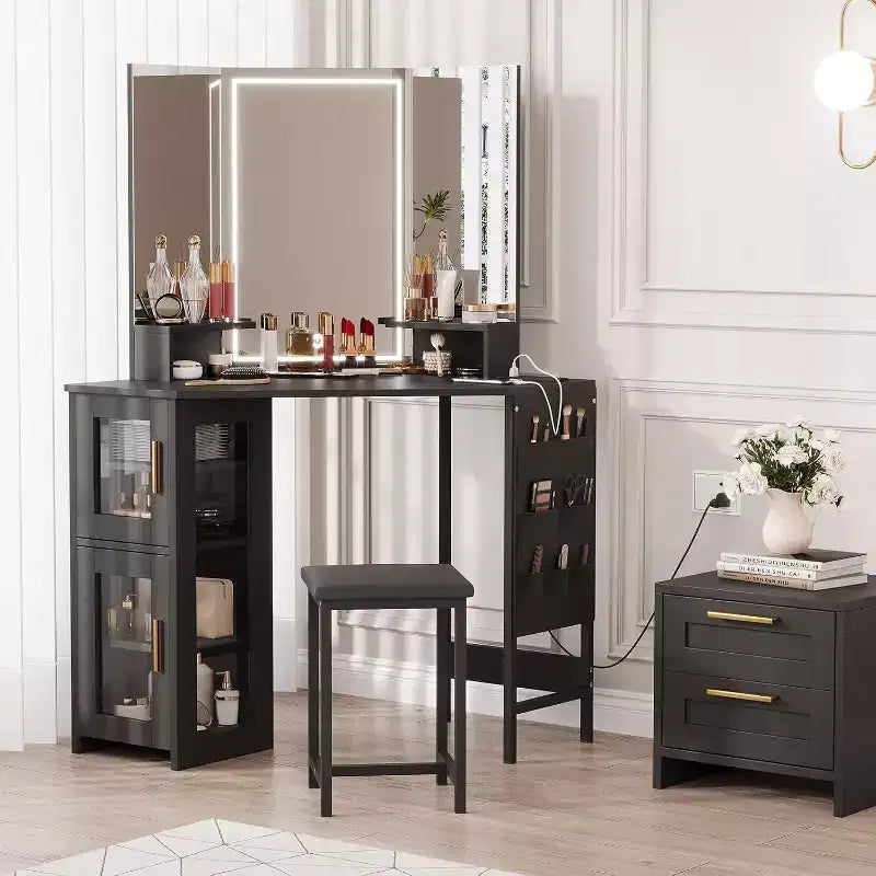 Coiffeuse d'angle et tabouret, Coiffeuse d'angle avec miroir ampoules, station de charge et armoire pour chambre à coucher
