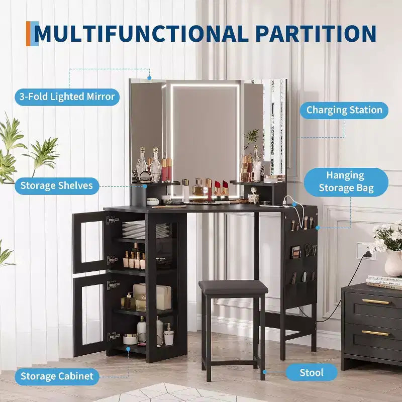 Coiffeuse d'angle et tabouret, Coiffeuse d'angle avec miroir ampoules, station de charge et armoire pour chambre à coucher