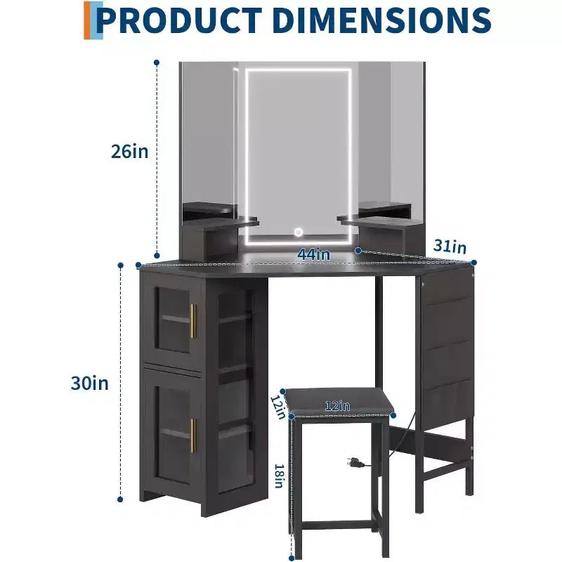Coiffeuse d'angle et tabouret, Coiffeuse d'angle avec miroir ampoules, station de charge et armoire pour chambre à coucher