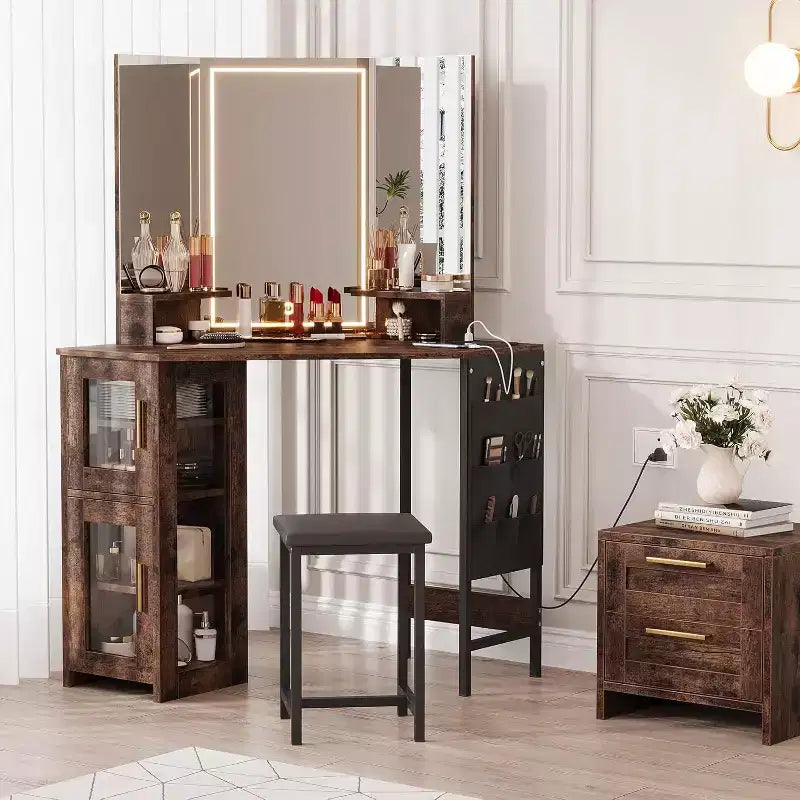 Coiffeuse d'angle et tabouret, Coiffeuse d'angle avec miroir ampoules, station de charge et armoire pour chambre à coucher