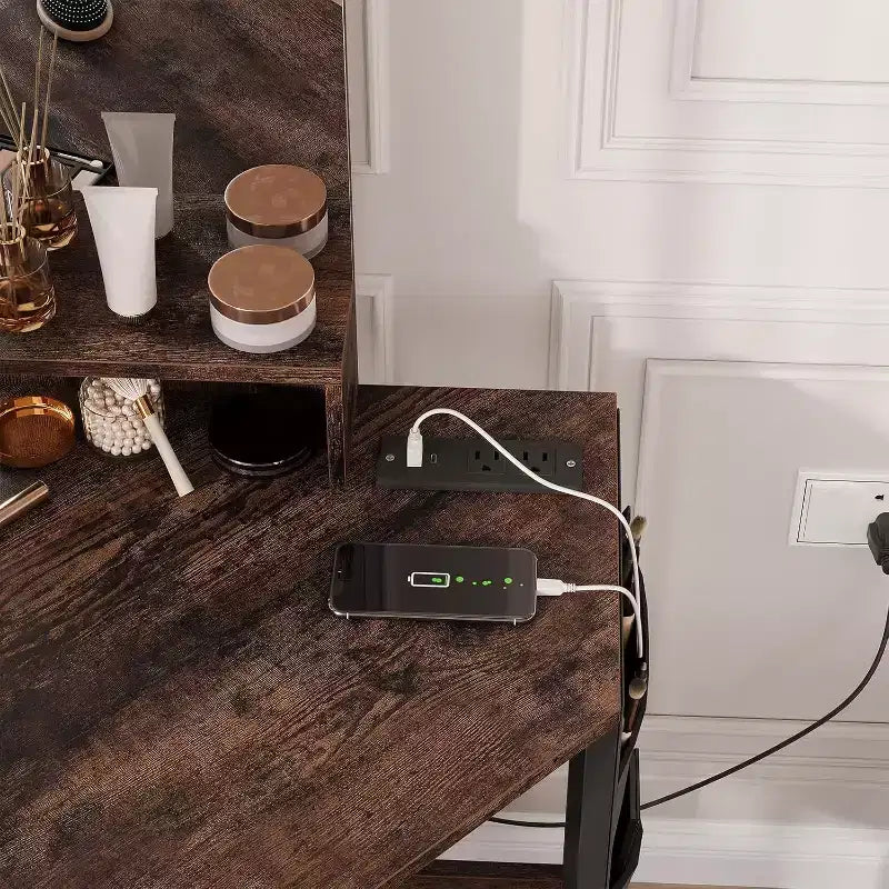 Coiffeuse d'angle et tabouret, Coiffeuse d'angle avec miroir ampoules, station de charge et armoire pour chambre à coucher