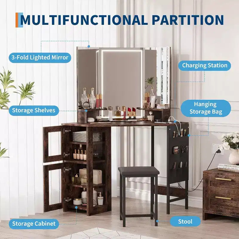 Coiffeuse d'angle et tabouret, Coiffeuse d'angle avec miroir ampoules, station de charge et armoire pour chambre à coucher