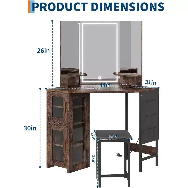 Coiffeuse d'angle et tabouret, Coiffeuse d'angle avec miroir ampoules, station de charge et armoire pour chambre à coucher