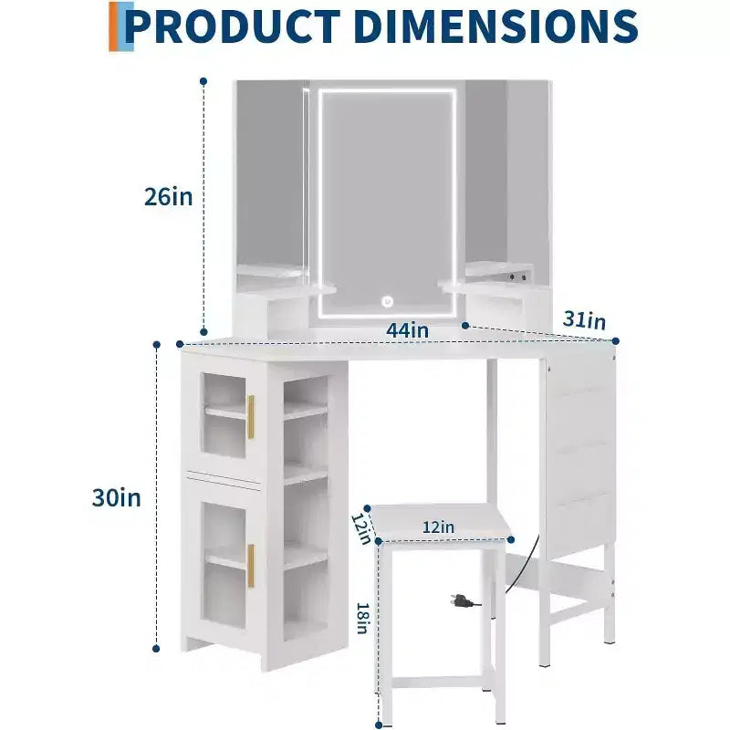 Coiffeuse d'angle et tabouret, Coiffeuse d'angle avec miroir ampoules, station de charge et armoire pour chambre à coucher