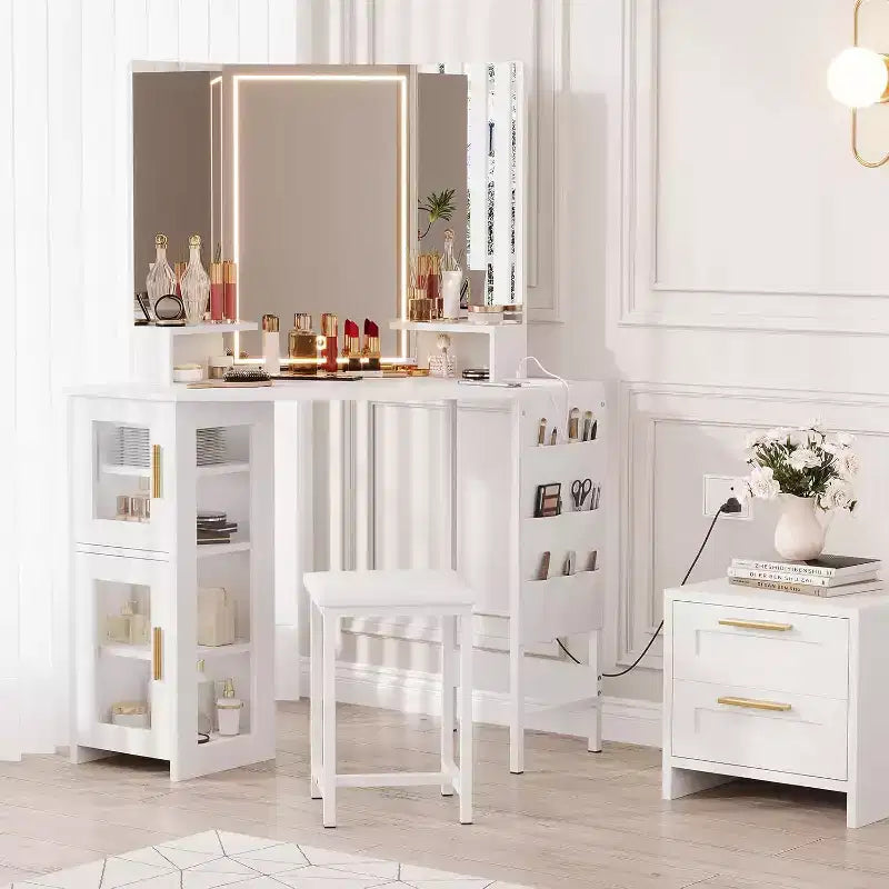 Coiffeuse d'angle et tabouret, Coiffeuse d'angle avec miroir ampoules, station de charge et armoire pour chambre à coucher