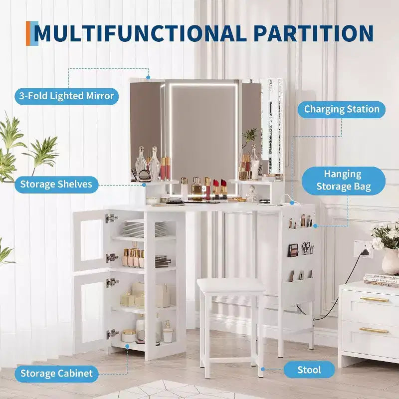 Coiffeuse d'angle et tabouret, Coiffeuse d'angle avec miroir ampoules, station de charge et armoire pour chambre à coucher