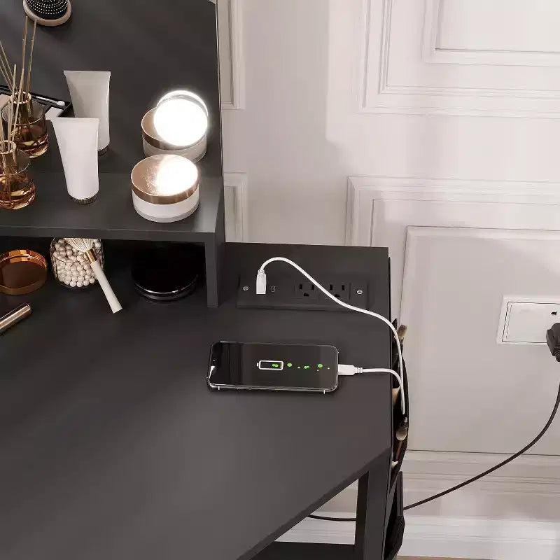 Coiffeuse d'angle et tabouret, Coiffeuse d'angle avec miroir ampoules, station de charge et armoire pour chambre à coucher