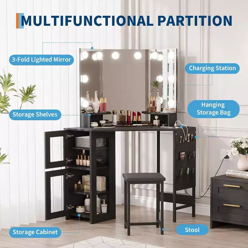 Coiffeuse d'angle et tabouret, Coiffeuse d'angle avec miroir ampoules, station de charge et armoire pour chambre à coucher