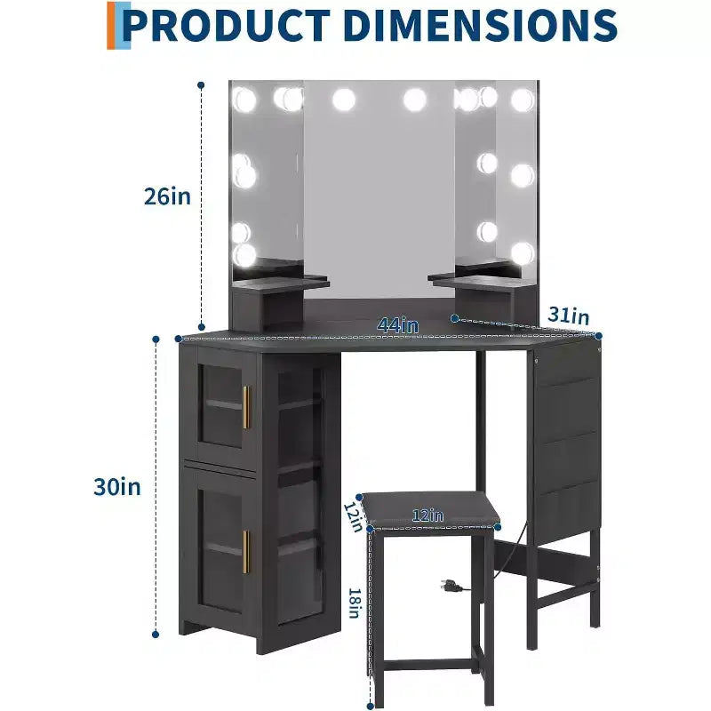 Coiffeuse d'angle et tabouret, Coiffeuse d'angle avec miroir ampoules, station de charge et armoire pour chambre à coucher