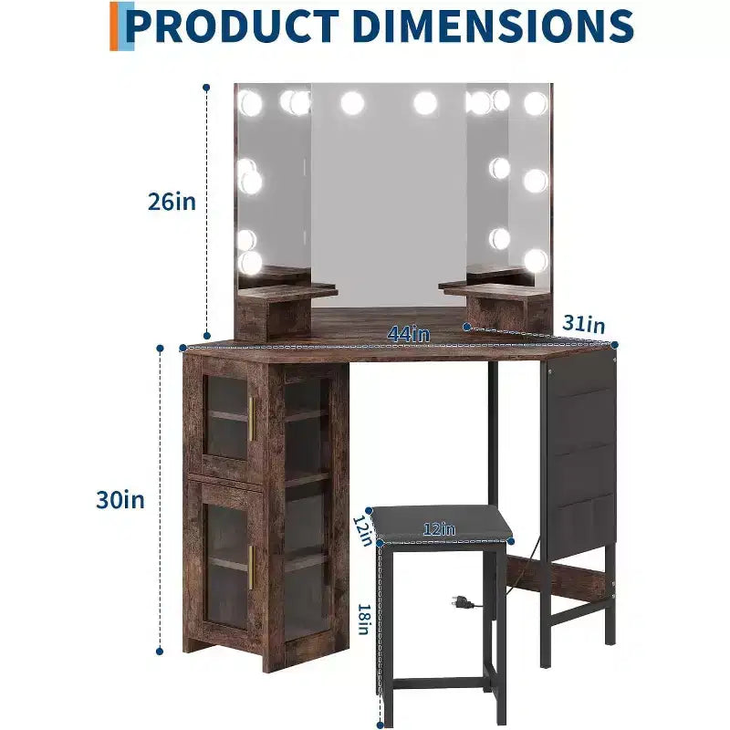 Coiffeuse d'angle et tabouret, Coiffeuse d'angle avec miroir ampoules, station de charge et armoire pour chambre à coucher