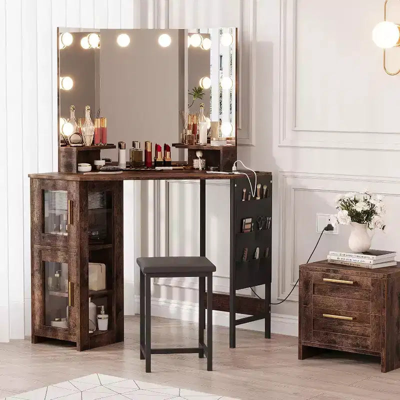 Coiffeuse d'angle et tabouret, Coiffeuse d'angle avec miroir ampoules, station de charge et armoire pour chambre à coucher
