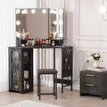 Corner Vanity Desk and Stool, Corner Makeup Vanity with Light Bulbs Mirror Charging Station and Cabinet for Bedroom