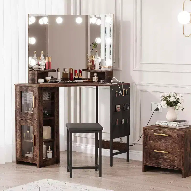 Coiffeuse d'angle et tabouret, Coiffeuse d'angle avec miroir ampoules, station de charge et armoire pour chambre à coucher