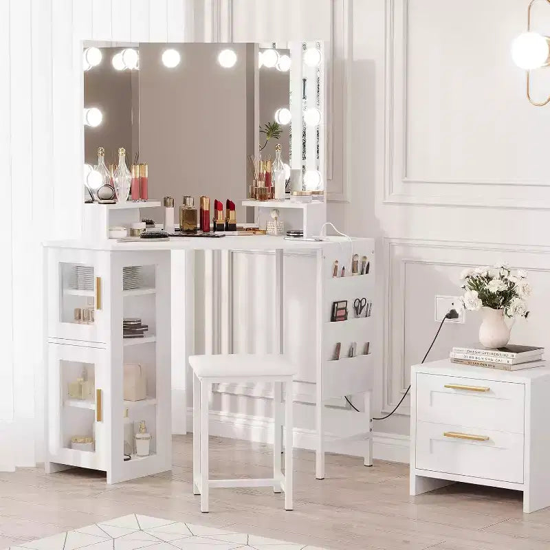 Coiffeuse d'angle et tabouret, Coiffeuse d'angle avec miroir ampoules, station de charge et armoire pour chambre à coucher